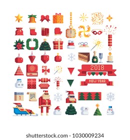 Xmas vector. Pixel art icons set. Christmas knitting ribbons with happy new year lettering. New Year's design of greeting card. Isolated vector illustration.  Design for stickers, logo, app.