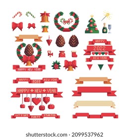 Xmas vector. Pixel art icons set. Christmas knitting ribbons with happy new year lettering. New Year's design of greeting card. Isolated vector illustration.  Design for stickers, logo, app.