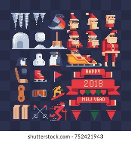 Xmas vector. Pixel art icons set. Christmas knitting ribbons with happy new year lettering. New Year's design of greeting card. Isolated vector illustration.