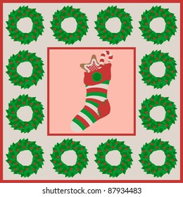 Xmas vector postcard with full of gifts sock and wreath pattern/Xmas postcard-template