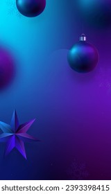 Xmas vertical banner. New Year design template for social networks, stories, web sites, party invitation. Realistic 3d balls hanging on neon color wall.