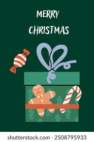 Xmas Vertical Card with gift and festive decorations. Cute flat decorations with present. Happy Holidays greeting card or vertical banner. Cartoon flat illustration.
