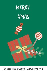 Xmas Vertical Card with gift and festive decorations. Cute flat decorations with present. Happy Holidays greeting card or vertical banner. Cartoon flat illustration.