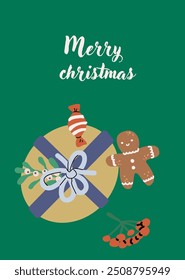 Xmas Vertical Card with gift and festive decorations. Cute flat decorations with present. Happy Holidays greeting card or vertical banner. Cartoon flat illustration.