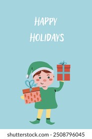 Xmas Vertical Card with gift and festive decorations. Cute flat character with present. Happy Holidays greeting card or vertical banner. Cartoon flat illustration.