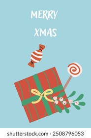 Xmas Vertical Card with gift and festive decorations. Cute flat decorations with present. Happy Holidays greeting card or vertical banner. Cartoon flat illustration.