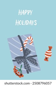Xmas Vertical Card with gift and festive decorations. Cute flat decorations with present. Happy Holidays greeting card or vertical banner. Cartoon flat illustration.