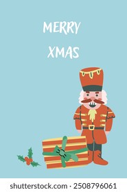 Xmas Vertical Card with gift and festive decorations. Cute flat character with present. Happy Holidays greeting card or vertical banner. Cartoon flat illustration.