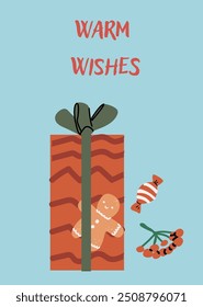 Xmas Vertical Card with gift and festive decorations. Cute flat decorations with present. Happy Holidays greeting card or vertical banner. Cartoon flat illustration.