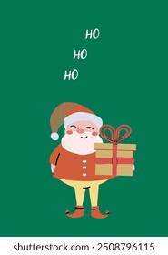 Xmas Cartão Vertical com presente e decorações festivas. Personagem plano bonito com presente. Cartão de saudação Happy Holidays ou faixa vertical. Ilustração em formato de desenho animado.