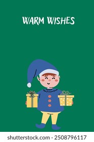 Xmas Vertical Card with gift and festive decorations. Cute flat character with present. Happy Holidays greeting card or vertical banner. Cartoon flat illustration.
