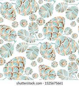 Xmas vibes pastel teal green pine cone seamless pattern for background, wrap, fabric, textile, wrap, surface, web and print design. Gold and pale blue luxury Christmas pinecone vector silhouette. 