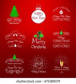 X-mas Vintage Badges Set. merry christmas filigree frame with christmas tree. xmas tree. happy new year celebration. filigree swirl frame. Santa claus, champagne glass, christmas ball