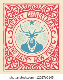 Xmas Vintage greeting card with deer