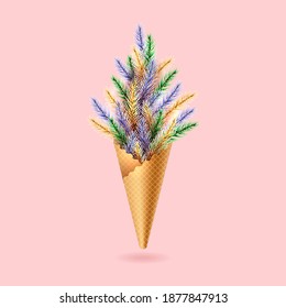 Xmas waffle cone with coniferous branches. Lush branch of Christmas tree. Creative isolated object for concept decoration. Colorful evergreen realistic pine for festive. Vector stock illustration.