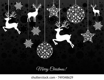  Xmas  white  tree decoration  on black  background. Happy New Year. Christmas ball, reindeer and  snowflakes. Vector template  for greeting  card or party invitation. 