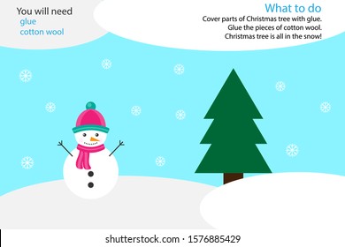 Xmas winter craft activity, snow and tree, education game for development of preschool children, use glue and cotton wool to create the applique, art worksheet for kids, vector illustration