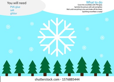 Xmas winter craft activity, snowflake cartoon, education game for development of preschool children, use glue, glitter and salt to create the applique, art worksheet for kids, vector illustration