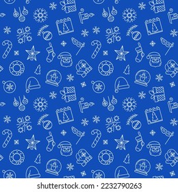 Concepto de vacaciones de Navidad e Invierno vector patrón sin foco azul en estilo de línea