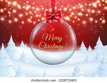 Xmas Winter Landscape With Fir Tree And Glass Ball With Gradient Mesh, Vector Illustration

