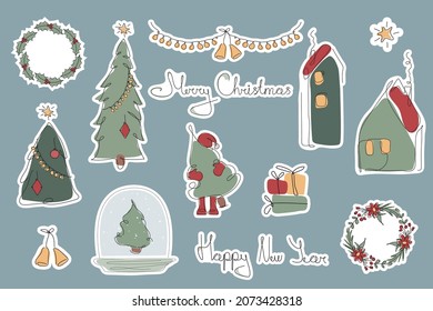 Xmas Winter Set Stickers With Elements: Gift Box, Santa Claus, Tradition Fire Tree, House, Snow Globe, And Lettering: Merry Christmas, Happy New Year