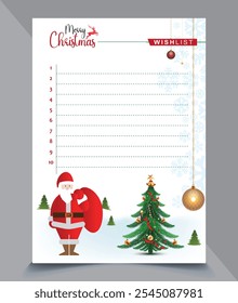 Lista de desejos Xmas ilustração vetor plana, página de folha de notebook com decorações festivas. Design de carta do Papai Noel com enfeites de Natal