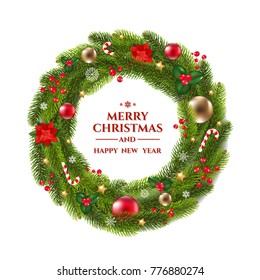 Xmas Wreath With Text With Gradient Mesh, Vector Illustration