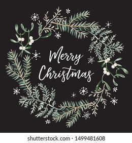 Xmas wreath with text Merry Christmas, black background. Green fir twigs, fern, mistletoe, snowflakes. Vector illustration. Nature design. Greeting card, poster template. Winter season holidays