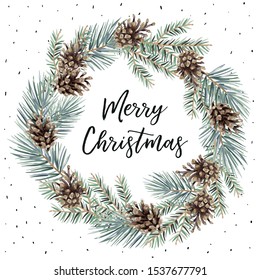 Xmas wreath with text Merry Christmas, white background. Green pine, fir twigs, cones. Vector illustration. Nature design. Greeting card, poster template. Winter holidays