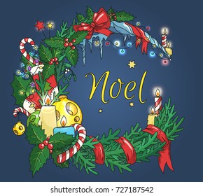 Xmas wreath vector frame. Garlands, ribbons, candles, holly and other attributes of Holidays