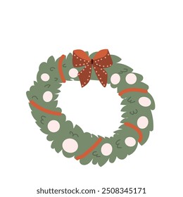 Xmas wreath vector illustration with baubles and bow, ribbon. Christmas decoration for door - cartoon flat design.