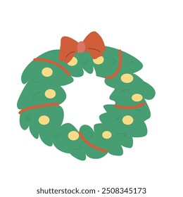 Xmas wreath vector illustration with baubles and bow, ribbon. Christmas decoration for door - cartoon flat design.