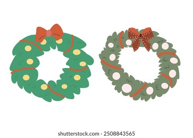 Xmas wreath vector illustration with baubles and bow, ribbon. Christmas decoration for door - cartoon flat design.