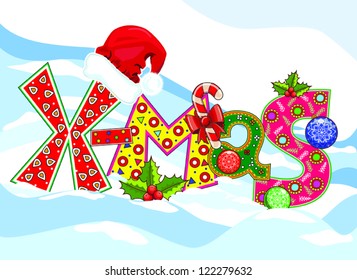 Xmas,christmas card vector illustration - christmas tree, santa cap, cane candy, bauble, mistletoe berry, snowflake.