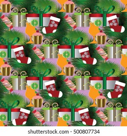 Xmas.Xmas background. Xmas seamless pattern.Xmas vector illustration.Xmas ornament with gift boxes and sweets