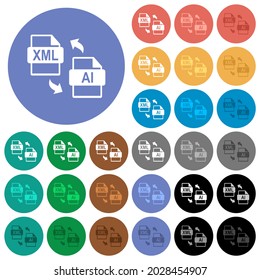 XML AI file conversion multi colored flat icons on round backgrounds. Included white, light and dark icon variations for hover and active status effects, and bonus shades.