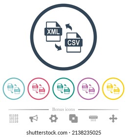 XML CSV file conversion flat color icons in round outlines. 6 bonus icons included.