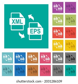 XML EPS file conversion multi colored flat icons on plain square backgrounds. Included white and darker icon variations for hover or active effects.