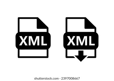 xml file format black icon, download xml file sign with arrow, set of two vector symbols