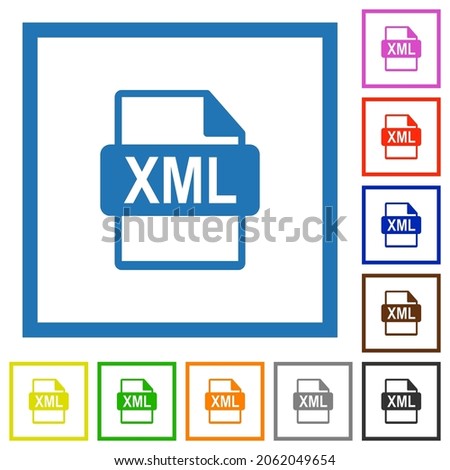 XML file format flat color icons in square frames on white background