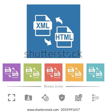 XML HTML file conversion flat white icons in square backgrounds. 6 bonus icons included.