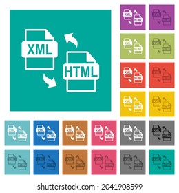 XML HTML file conversion multi colored flat icons on plain square backgrounds. Included white and darker icon variations for hover or active effects.
