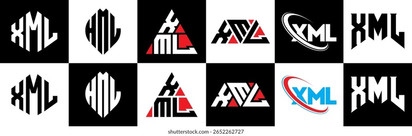 XML letter logo design in six style. XML polygon, circle, triangle, hexagon, flat and simple style with black and white color variation letter logo set in one artboard. XML minimalist and classic logo