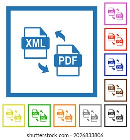 XML PDF file conversion flat color icons in square frames on white background