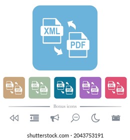 XML PDF file conversion white flat icons on color rounded square backgrounds. 6 bonus icons included