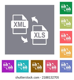 XML XLS file conversion flat icons on simple color square backgrounds