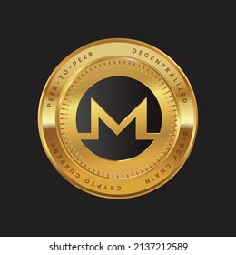 XMR Cryptocurrency logo in black color concept on gold coin. Monero Coin Block chain technology symbol. Vector illustration.