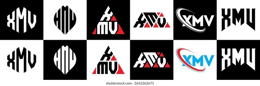 Design de logotipo de letra XMV em estilo seis. Polígono XMV, círculo, triângulo, hexágono, estilo simples e plano com logotipo de letra de variação de cor preto e branco definido em uma prancheta. XMV minimalista e logotipo clássico
