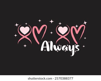 Xo always romantic pink and black heart t shirt design for love and affection