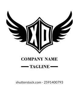 XO bold shield logo with wings, customizable with letters A to Z. Perfect for brands seeking a powerful symbol of strength, freedom, and ambition